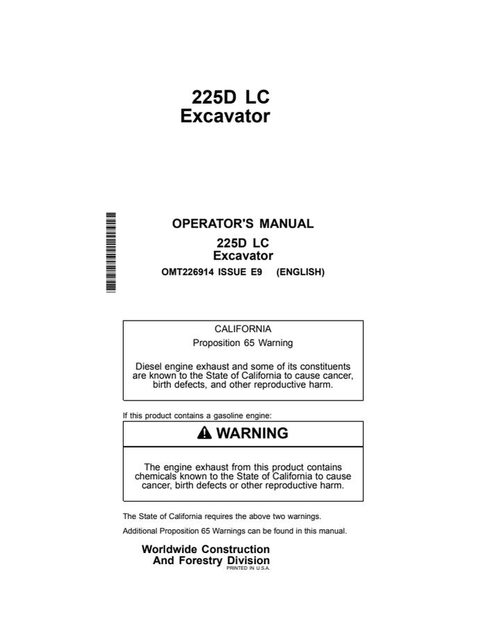 John Deere 225D LC Excavator Operator manual OMT226914 — actual manual cover