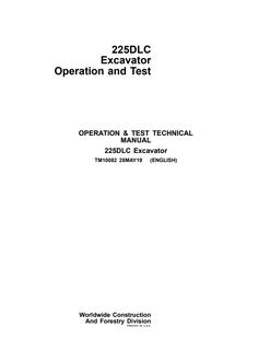 John Deere 225DLC Excavator Operation and test manual TM10082 — actual manual cover