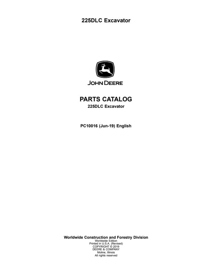 John Deere 225DLC Excavator Parts Catalog PC10016 — actual manual cover