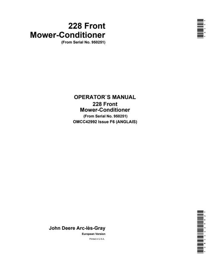 John Deere 228 Front Mower-Conditioner Operator manual OMCC42992 — actual manual cover