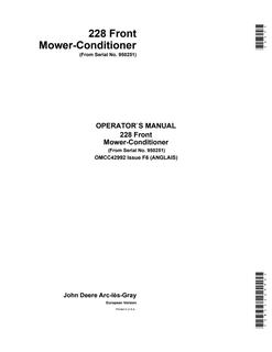 John Deere 228 Front Mower-Conditioner Operator manual OMCC42992 — actual manual cover