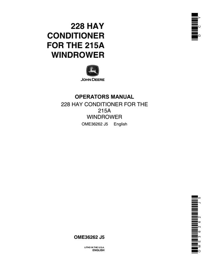 John Deere 228 Hay Conditioner for 215A Windrower Operator manual OME36262 — actual manual cover