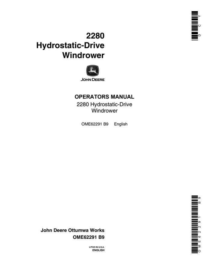 John Deere 2280 Hydrostatic-Drive Windrower Operator's Manual — actual manual cover