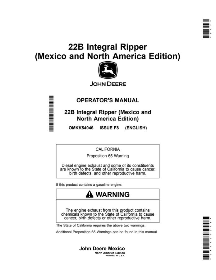 John Deere 22B Integral ripper Operator's manual OMKK54046 — actual manual cover