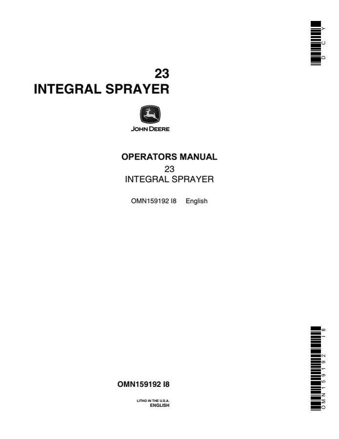John Deere 23 Integral Sprayer Operator manual OMN159192 — actual manual cover