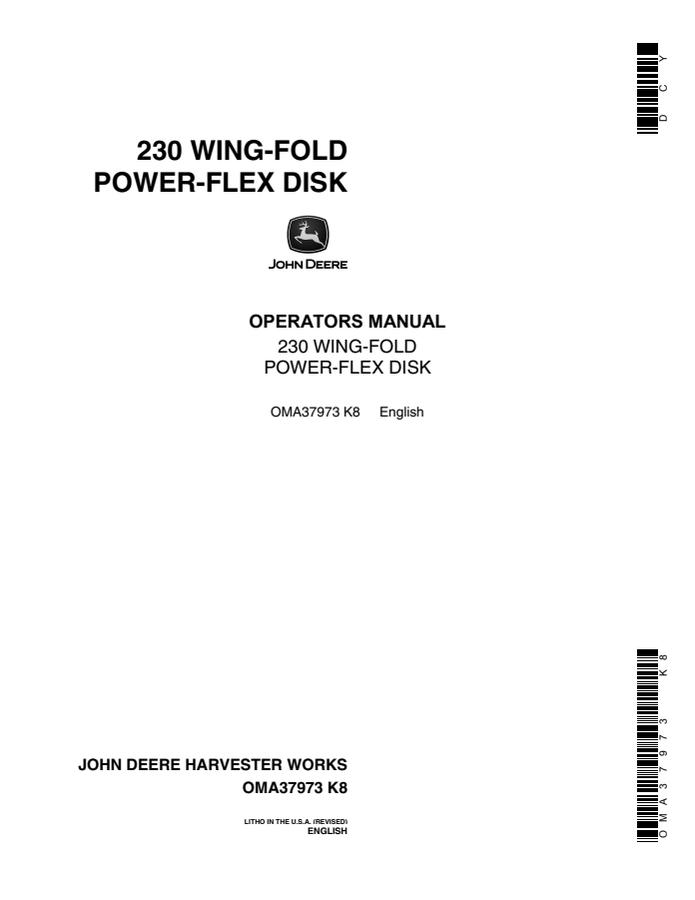 John Deere 230 Wing-Fold Power-Flex Disk Operator manual OMA37973 — actual manual cover