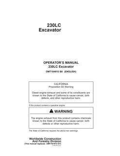 John Deere 230LC Excavator Operator manual OMT184910 — actual manual cover