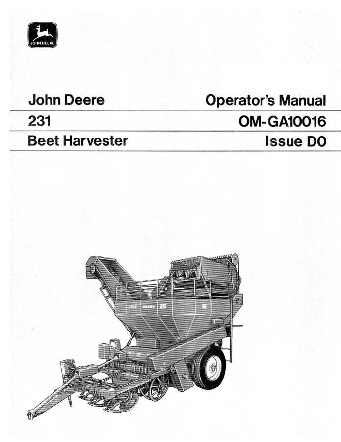 John Deere 231 Beet Harvester Operator manual OM-GA10016 — actual manual cover