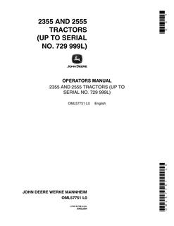 John Deere 2355, 2555 Tractor Operator manual OML57751 — actual manual cover