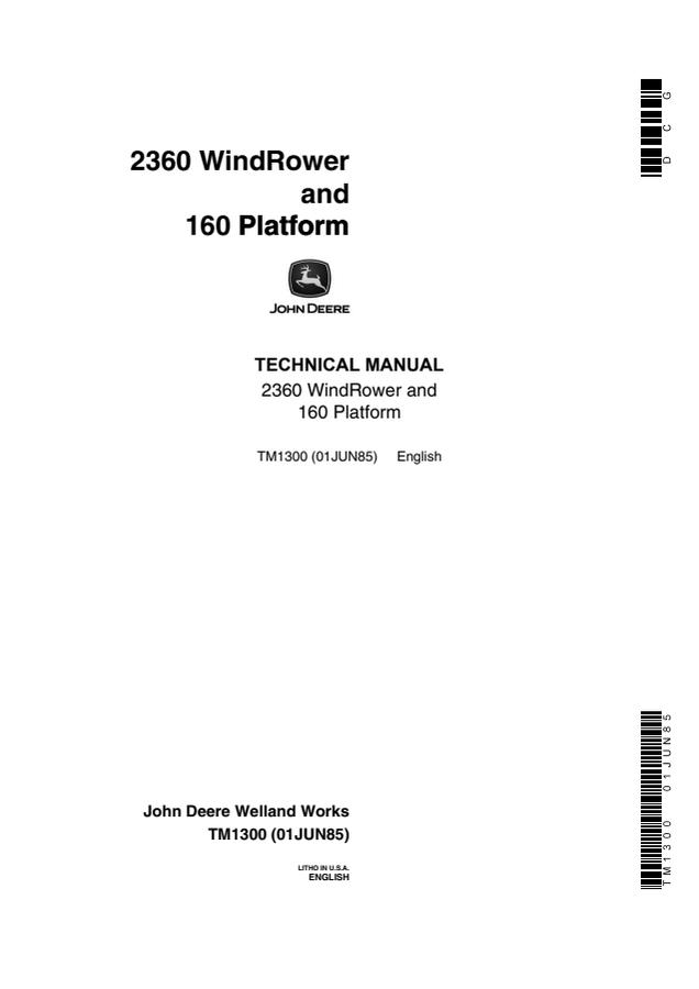 John Deere 2360, 160 Windrower and platform Technical manual TM1300 — actual manual cover