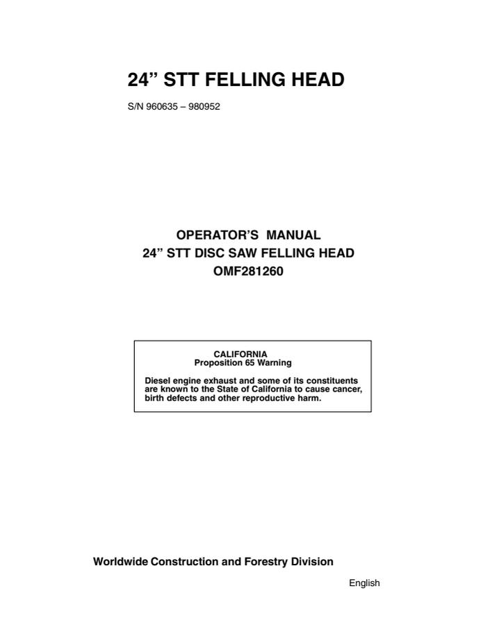 John Deere 24 in STT Disc Saw Felling Head Operator manual OMF281260 — actual manual cover