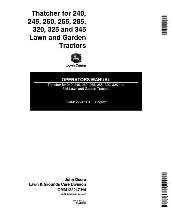 John Deere 240, 245, 260, 265, 285, 320, 325, 345 Thatcher Operator Manual OMM122247 — actual manual cover