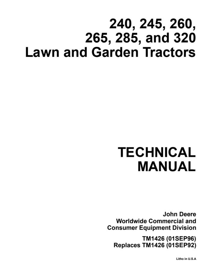 John Deere 240, 245, 260, 265, 285, 320 Lawn and Garden Tractor Technical Manual TM1426 — actual manual cover