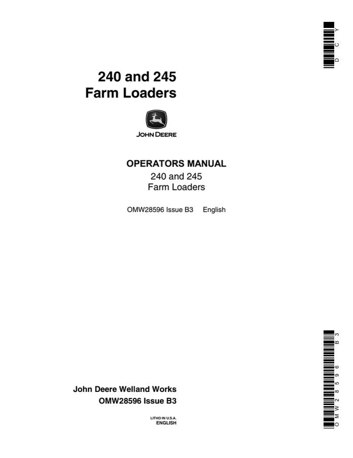 John Deere 240, 245 Farm loader Operator manual OMW28596 — actual manual cover