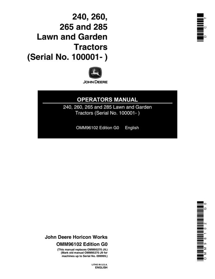 John Deere 240, 260, 265, 285 Lawn and Garden Tractor Operator manual OMM96102 — actual manual cover