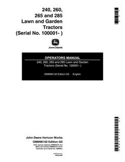 John Deere 240, 260, 265, 285 Lawn and Garden Tractor Operator manual OMM96102 — actual manual cover