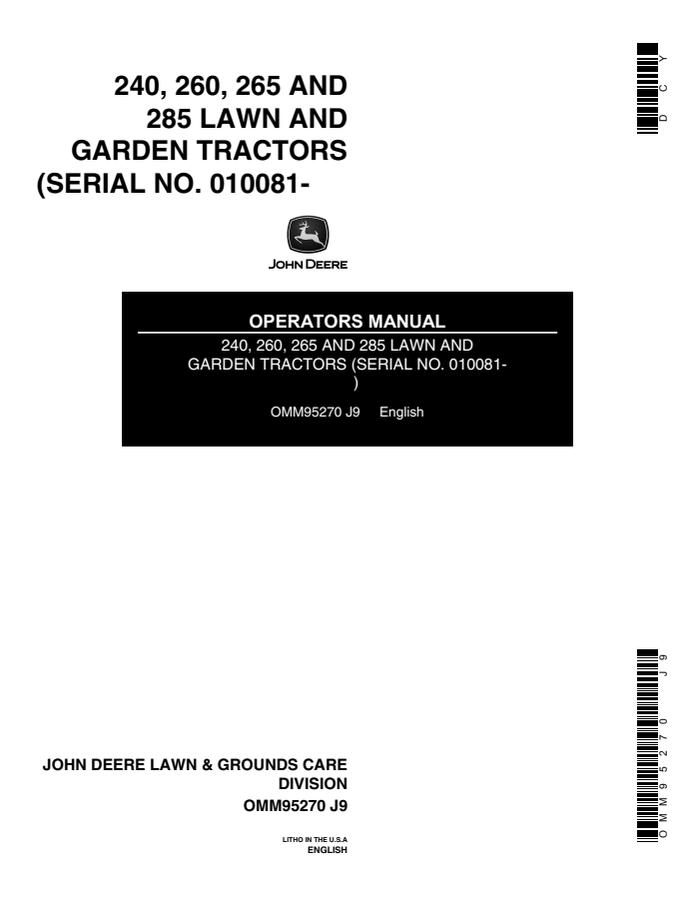 John Deere 240, 260, 265, 285 Lawn and garden tractor Operators manual OMM95270 — actual manual cover