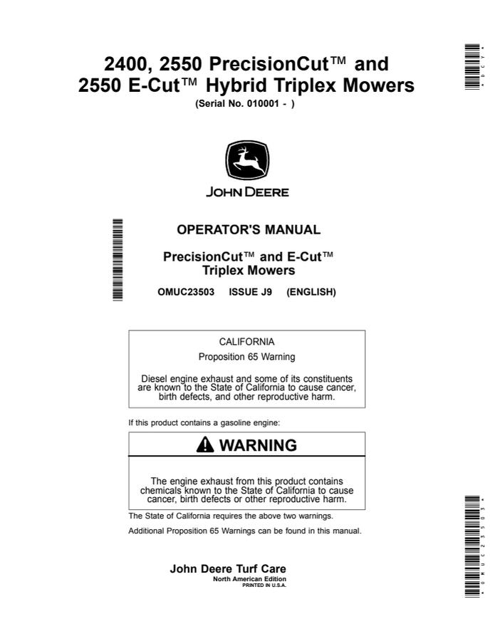 John Deere 2400, 2550 PrecisionCut, 2550 E-Cut Hybrid Triplex Mower Operator manual OMUC23503 — actual manual cover