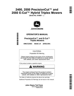 John Deere 2400, 2550 PrecisionCut, 2550 E-Cut Hybrid Triplex Mower Operator manual OMUC23503 — actual manual cover