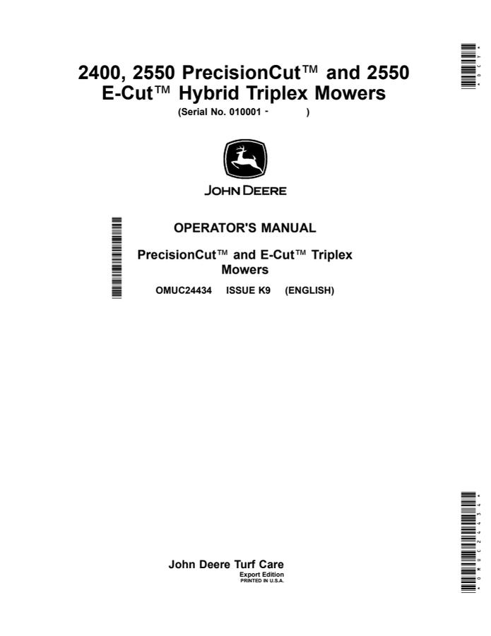 John Deere 2400, 2550 PrecisionCut, 2550 E-Cut Hybrid Triplex Mower Operator manual OMUC24434 — actual manual cover