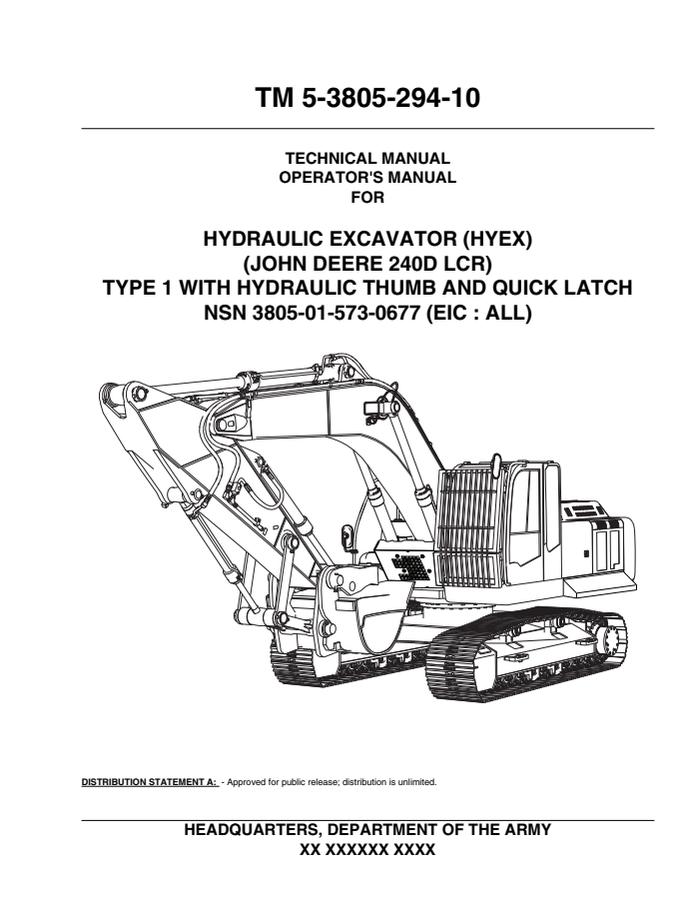 John Deere 240D LCR Hydraulic excavator Operator's manual TM 5-3805-294-10 — actual manual cover