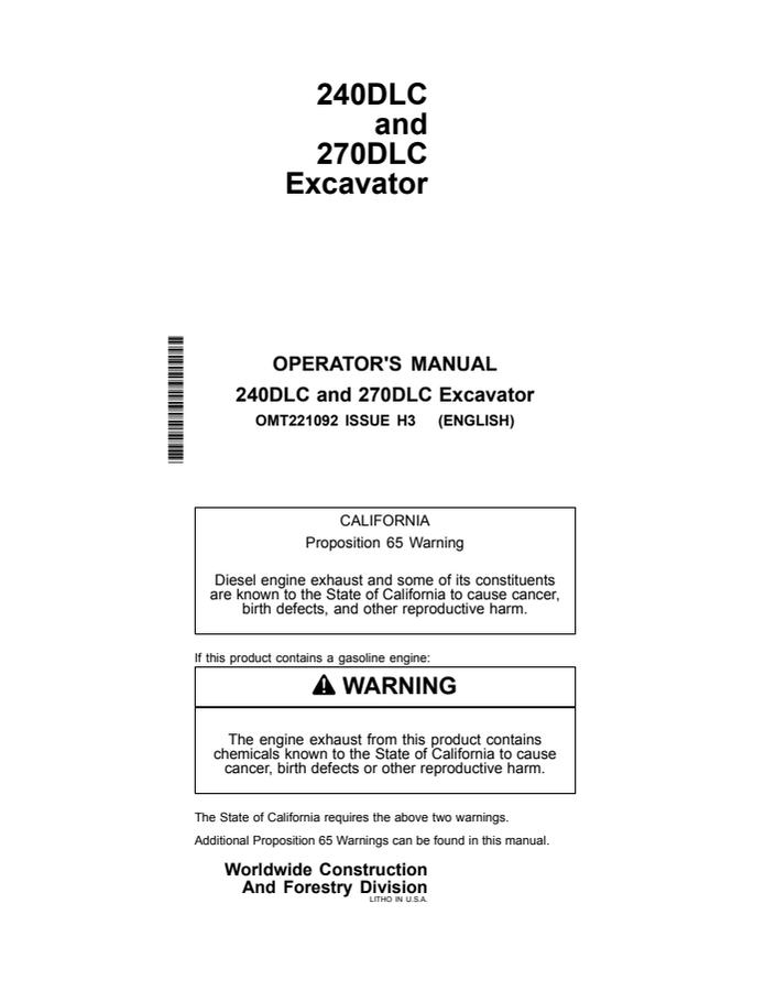 John Deere 240DLC, 270DLC Excavator Operator manual OMT221092 — actual manual cover