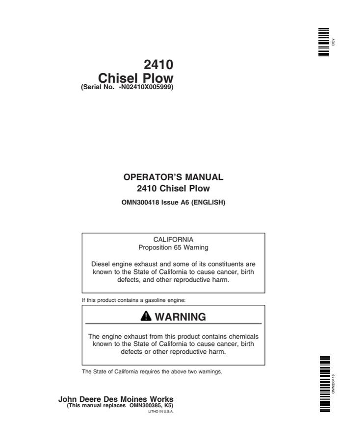 John Deere 2410 Chisel Plow Operator manual OMN300418 — actual manual cover