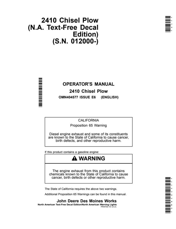 John Deere 2410 Chisel Plow Operator manual OMN404577 — actual manual cover
