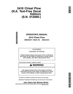 John Deere 2410 Chisel Plow Operator manual OMN404577 — actual manual cover