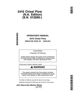 John Deere 2410 Chisel plow Operator's manual OMN401308 — actual manual cover
