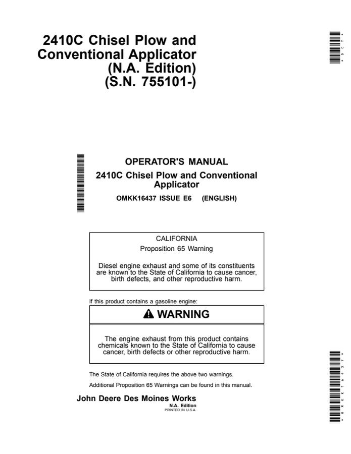 John Deere 2410C Chisel Plow and Conventional Applicator Operator manual OMKK16437 — actual manual cover