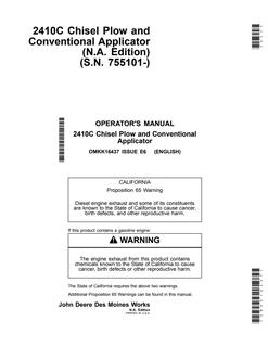 John Deere 2410C Chisel Plow and Conventional Applicator Operator manual OMKK16437 — actual manual cover