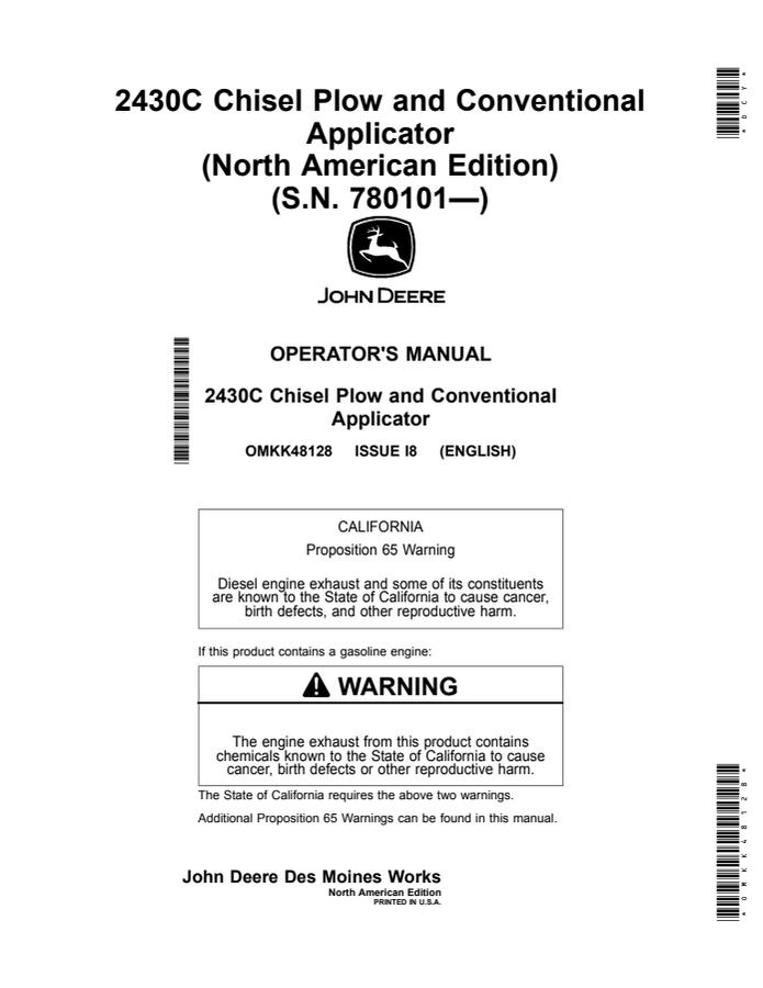 John Deere 2430C Chisel Plow and Conventional Applicator Operator manual OMKK48128 — actual manual cover