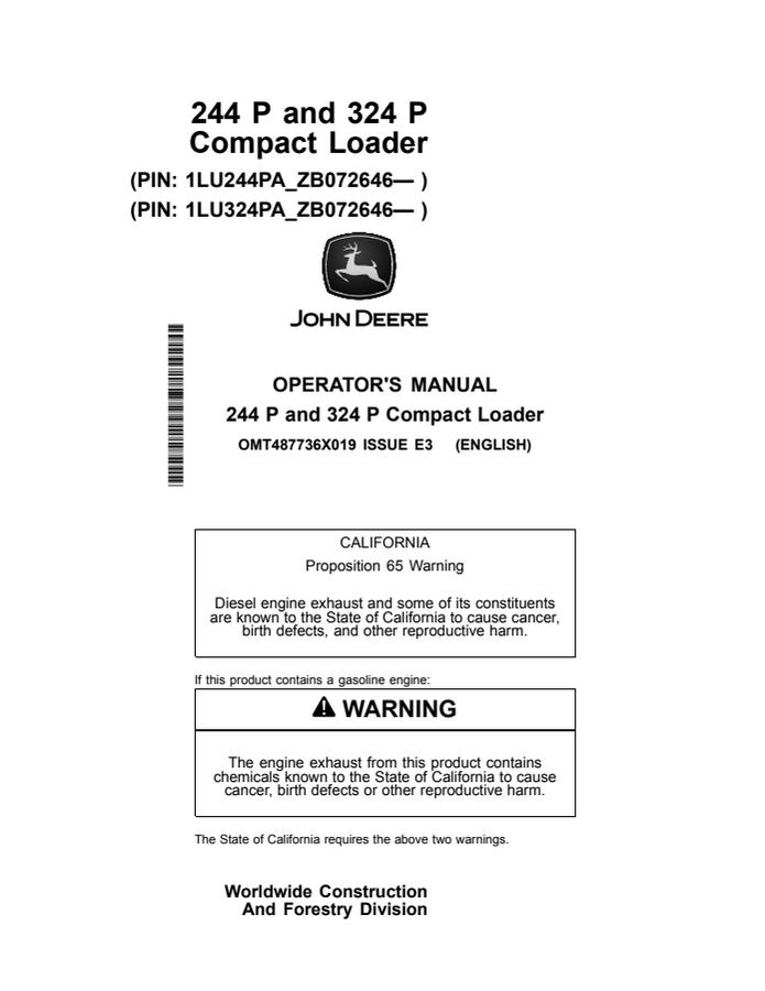 John Deere 244 P, 324 P Compact Loader Operator manual OMT487736X01 — actual manual cover