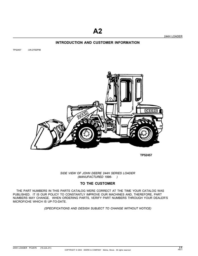 John Deere 244H Loader Parts catalog PC2576 — actual manual cover