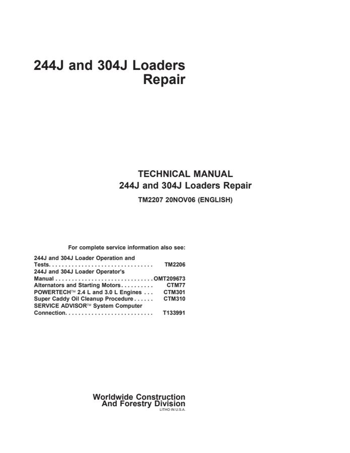 John Deere 244J and 304J Loaders Repair Technical Manual (TM2207) — actual manual cover