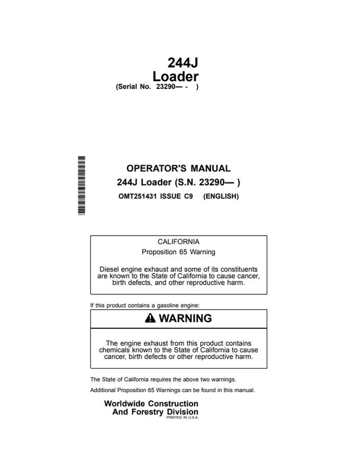 John Deere 244J Loader Operator manual OMT251431 — actual manual cover