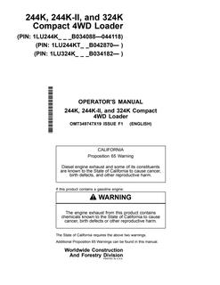 John Deere 244K, 244K-II, 324K Compact 4WD Loader Operator manual OMT349747X19 — actual manual cover