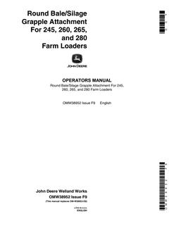 John Deere 245, 260, 265, 280 Farm Loaders Farm loader attachment Operator Manual OMW38952 — actual manual cover