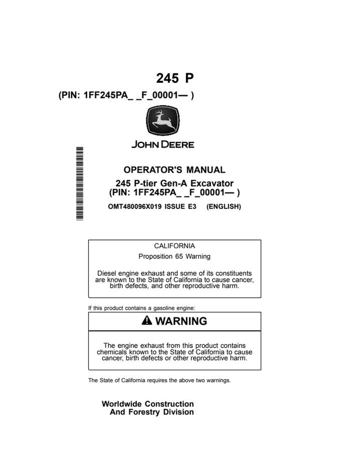 John Deere 245 P-tier Gen-A Excavator Operator manual OMT480096X01 — actual manual cover