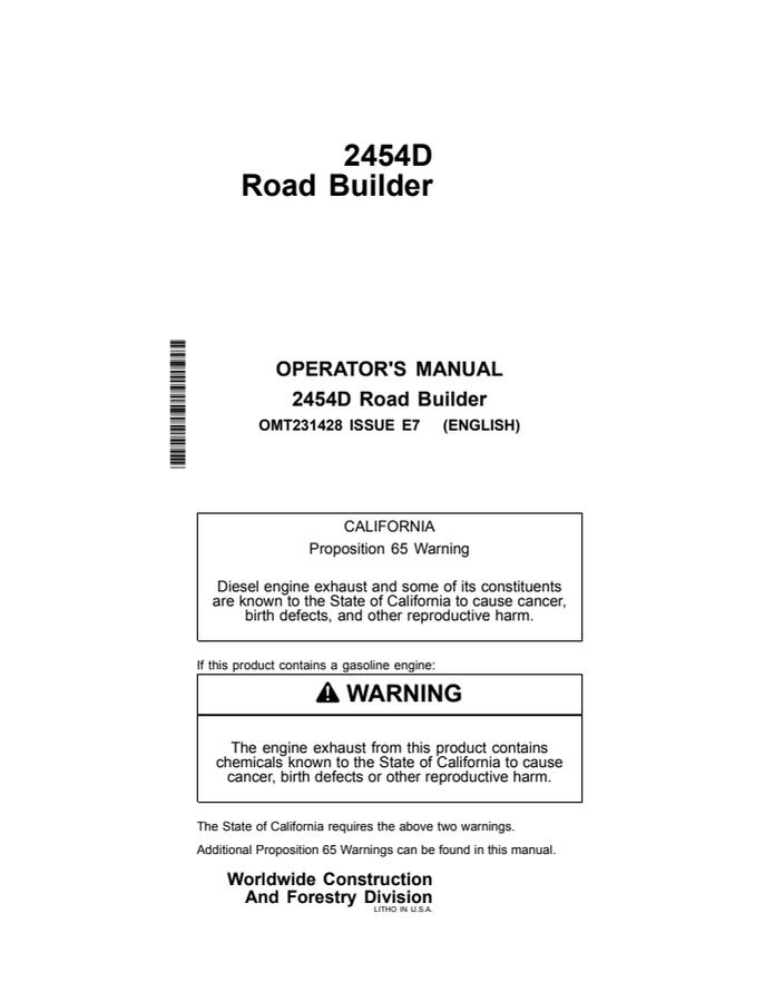 John Deere 2454D Road Builder Operator's Manual — actual manual cover