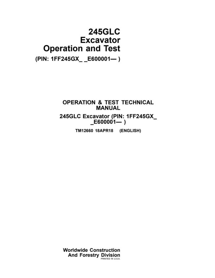 John Deere 245GLC Excavator Operation and Test Technical Manual (TM12660) — actual manual cover