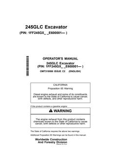 John Deere 245GLC Excavator Operator manual OMT319598 — actual manual cover