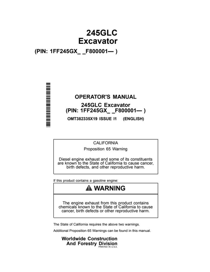 John Deere 245GLC Excavator Operator manual OMT382335X19 — actual manual cover