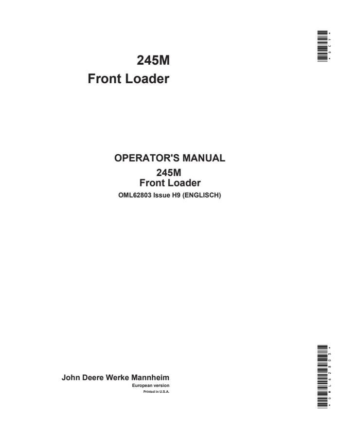 John Deere 245M Front Loader Operator manual OML62803 — actual manual cover