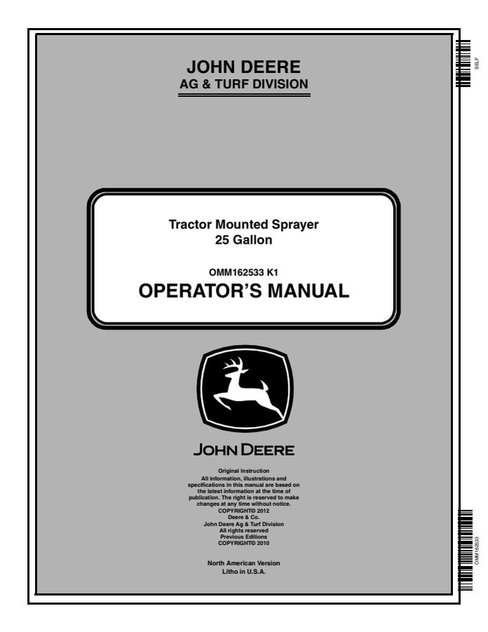 John Deere 25 Gallon Tractor-Mounted Sprayer Operator manual OMM162533 — actual manual cover