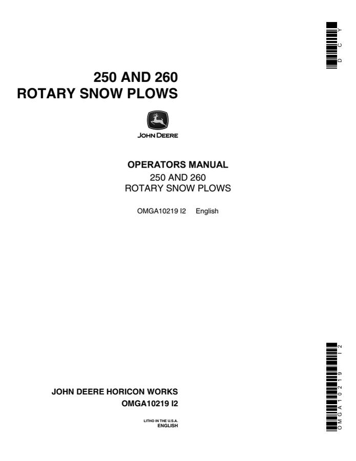 John Deere 250, 260 Rotary Snow Plow Operator manual OMGA10219 — actual manual cover
