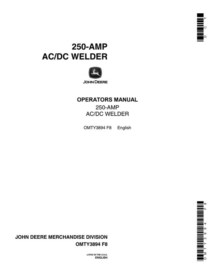 John Deere 250-Amp AC/DC Welder Operator's manual OMTY3894 — actual manual cover