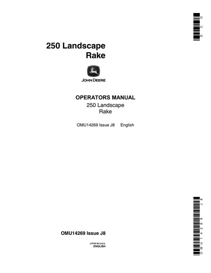John Deere 250 Landscape Rake Operator manual OMU14269 — actual manual cover