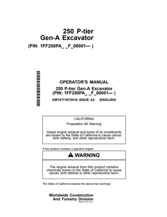 John Deere 250 P-tier Gen-A Excavator Operator manual OMT471167X01 — actual manual cover